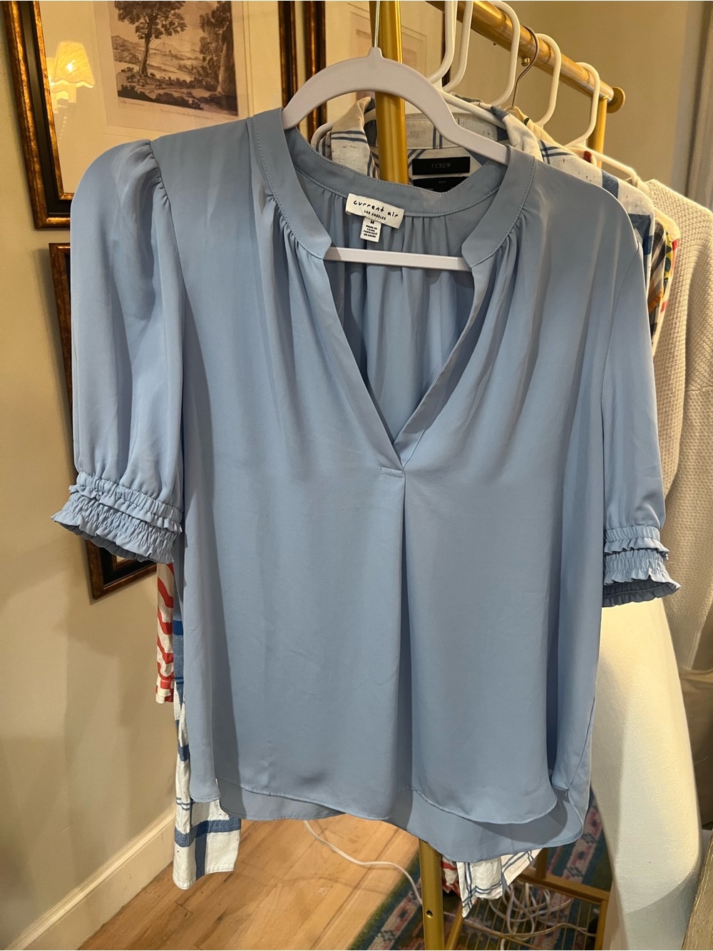 Current Air Light Blue V-Neck Puff Sleeve Blouse